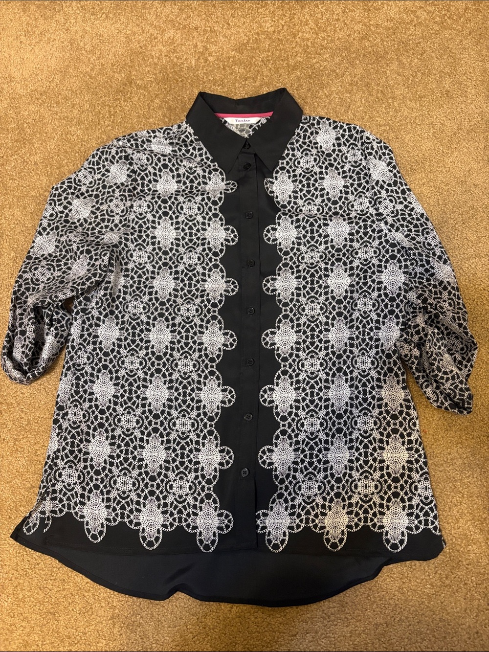 TanJay Black Button-Down Shirt with White Lace-Pattern Overlay